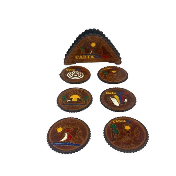 Columbia Handcrafted Leather Coasters Set Of 6 WIth Holder Colombian Souvenirs - Picture 1 of 16